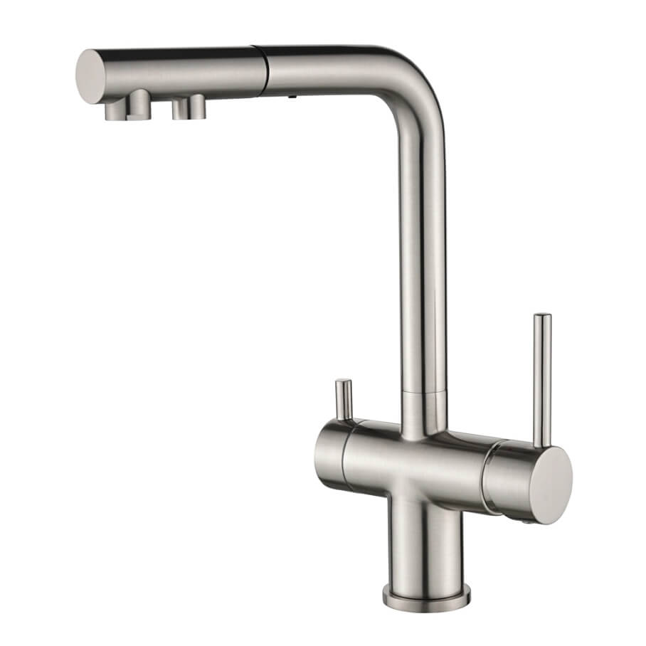 Trojcestná dřezová baterie s vytahovací koncovkou Helika Akvaduo PLUS 2683-002 (broušený nikl)